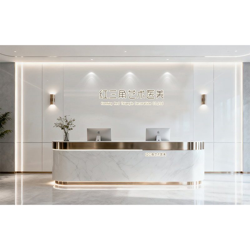 How can LED light strips imbue a hospital beauty salon reception desk with a sense of sophistication and warmth within its minimalist design?
